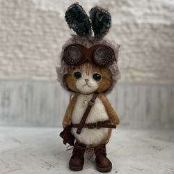 Kさま　ご予約商品　うさみみ帽子のごーぐるにゃんこ 羊毛フェルト ねこ ぬいぐるみ 2枚目の画像