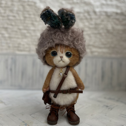 Kさま　ご予約商品　うさみみ帽子のごーぐるにゃんこ 羊毛フェルト ねこ ぬいぐるみ 5枚目の画像