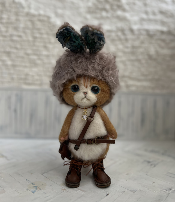 Kさま　ご予約商品　うさみみ帽子のごーぐるにゃんこ 羊毛フェルト ねこ ぬいぐるみ 5枚目の画像