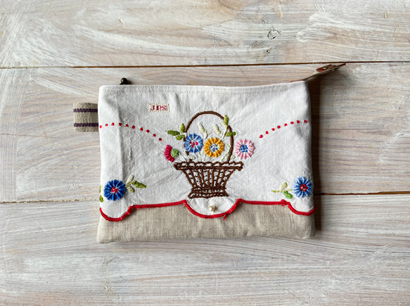 フランスアンティーク*ヴィンテージ*花かご刺繍ポーチ*お薬手帳*母子手帳ケース 5枚目の画像