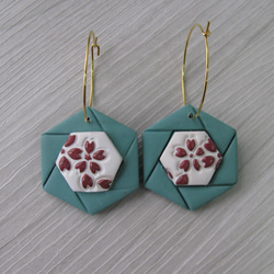 Blue Sage Hexagons hoop earrings with cherry blossoms. 1枚目の画像