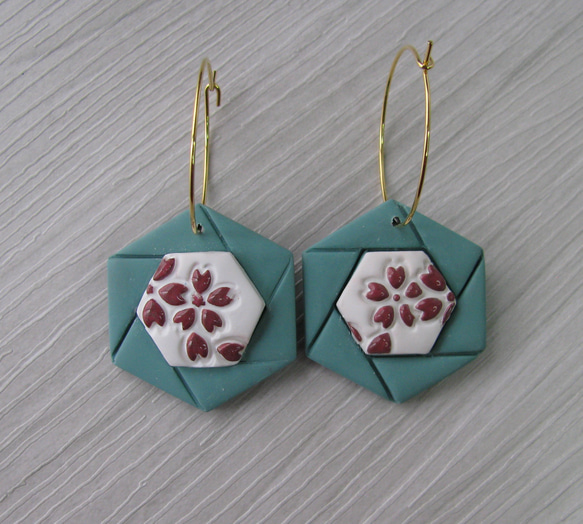 Blue Sage Hexagons hoop earrings with cherry blossoms. 1枚目の画像