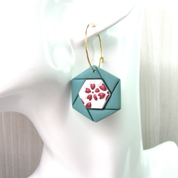 Blue Sage Hexagons hoop earrings with cherry blossoms. 2枚目の画像