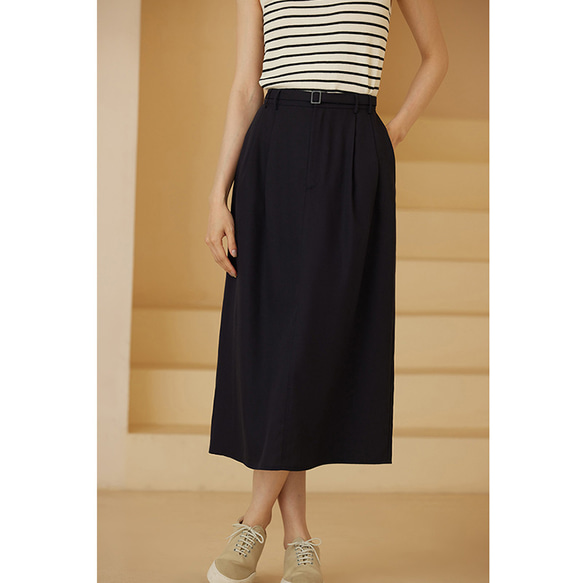 テンセルリネン混紡スカート　ゴムウエストスカート　通勤スカート　紺　S-XL #540 6枚目の画像