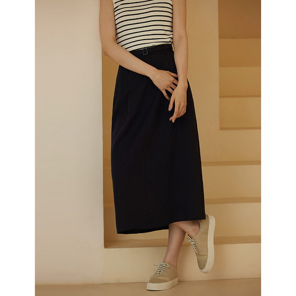 テンセルリネン混紡スカート　ゴムウエストスカート　通勤スカート　紺　S-XL #540 1枚目の画像