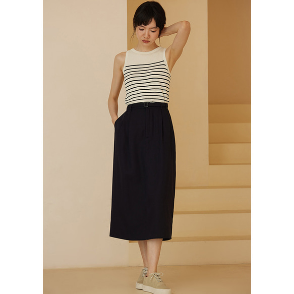 テンセルリネン混紡スカート　ゴムウエストスカート　通勤スカート　紺　S-XL #540 5枚目の画像