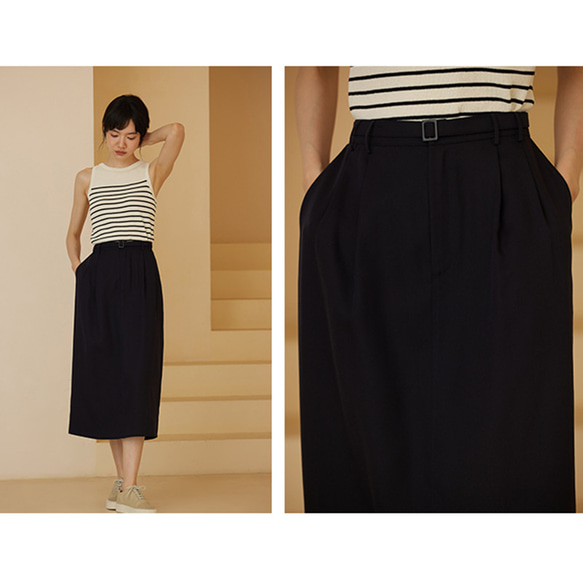 テンセルリネン混紡スカート　ゴムウエストスカート　通勤スカート　紺　S-XL #540 8枚目の画像