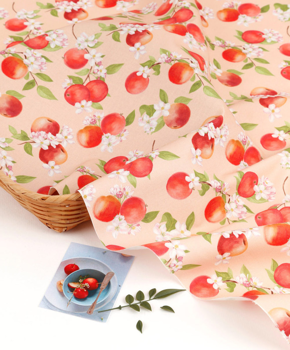 韓国製 果物柄 りんご柄 りんごとりんごの花 生地 コットン100％シーチング Apple Flower 4枚目の画像