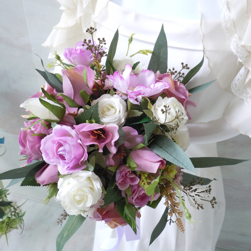 ◇パープルローズのラウンドブーケ◇パステルカラー 紫色 クラッチ