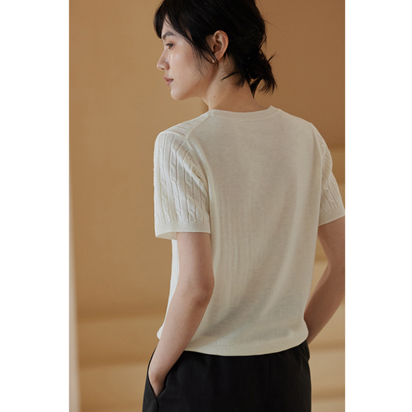 ウール混紡ニットTシャツ　丸襟ニット半袖Tシャツ　ホワイト　フリーサイズ　#541 10枚目の画像