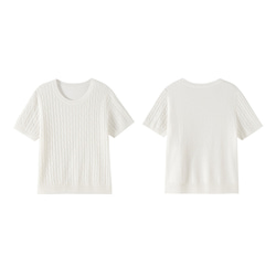 ウール混紡ニットTシャツ　丸襟ニット半袖Tシャツ　ホワイト　フリーサイズ　#541 13枚目の画像