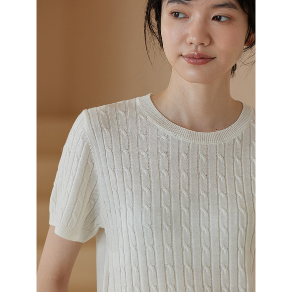ウール混紡ニットTシャツ　丸襟ニット半袖Tシャツ　ホワイト　フリーサイズ　#541 1枚目の画像