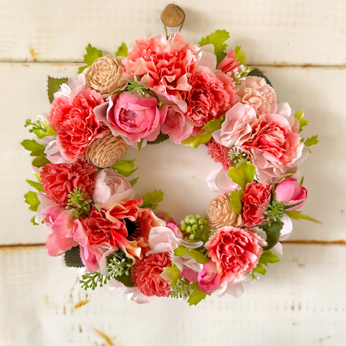 ナチュラル風 ピンクリース アートフラワー puanoah 通販｜Creema  