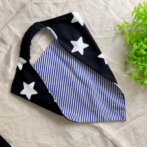 ゴム仕様リバーシブル三角巾　ひとりでつけられる　子供用小学低学年　頭囲53㎝　ブラック/スター 5枚目の画像
