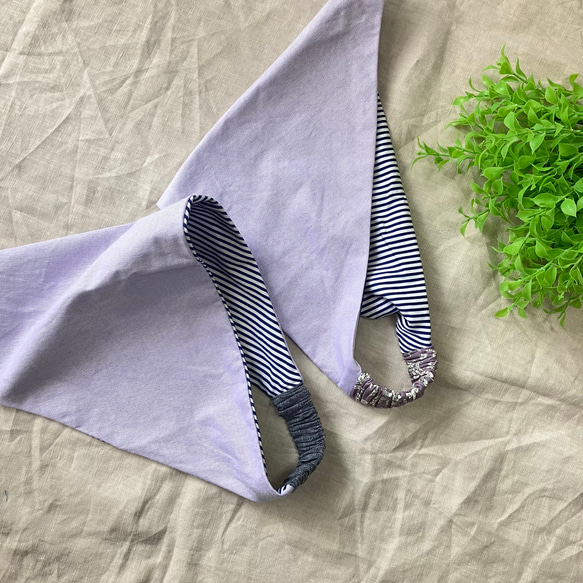 ゴム仕様リバーシブル三角巾　ひとりでつけられる　子供用小学低学年　頭囲53㎝　スミレ/ストライプ 8枚目の画像