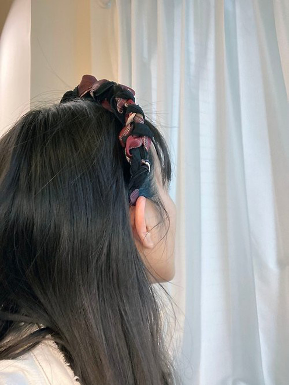 JK 紫紅色 黑色 格紋 頭箍 純綿 髮箍【編織】 第3張的照片