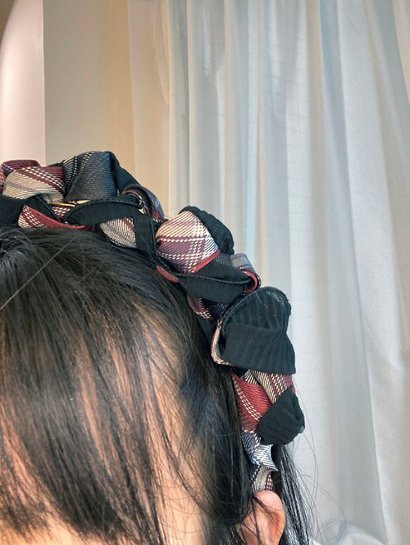 JK 紫紅色 黑色 格紋 頭箍 純綿 髮箍【編織】 第2張的照片