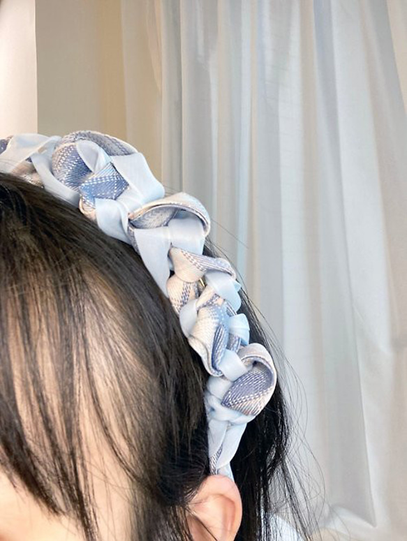 藍色 日本 JK 格紋 頭箍 純綿 髮箍【編織】 第2張的照片