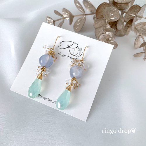 14kgfナチュラルブルーカルセドニーカービングピアス/イヤリング