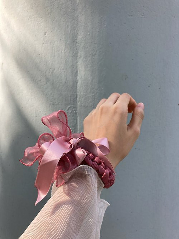 サンドピンクの花織り 4way 携帯電話ストラップ帽子キーホルダー手首の花手作り 6枚目の画像