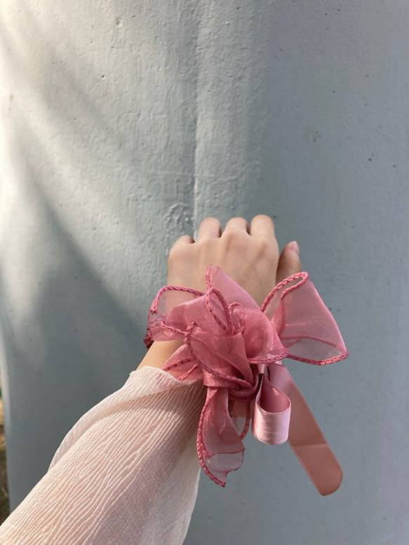 沙粉色 花 編織 4way 手機掛繩 頭飾 匙扣 手腕花 手工 第5張的照片