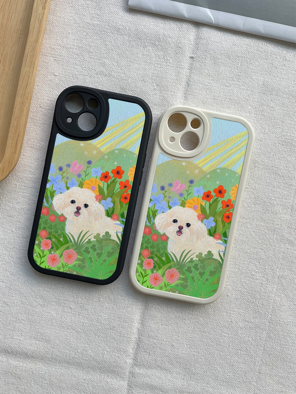 携帯電話保護ケースは、iPhone 15/14/13/12/11/10のすべてのモデルと互換性があります。かわいい花と犬のイラス 4枚目の画像