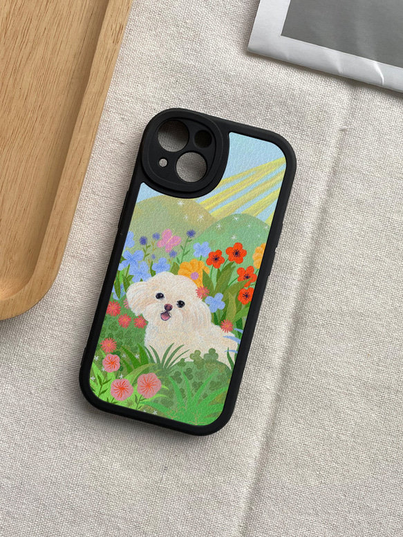 携帯電話保護ケースは、iPhone 15/14/13/12/11/10のすべてのモデルと互換性があります。かわいい花と犬のイラス 3枚目の画像