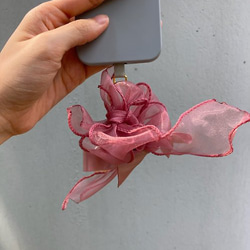 ピンクパールフラワーウィービング4way携帯電話ストラップ帽子キーホルダー手首の花手作り 6枚目の画像