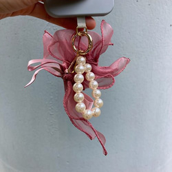 粉紅色 珍珠 花 編織 4way 手機掛繩 頭飾 匙扣 手腕花 手工 第3張的照片