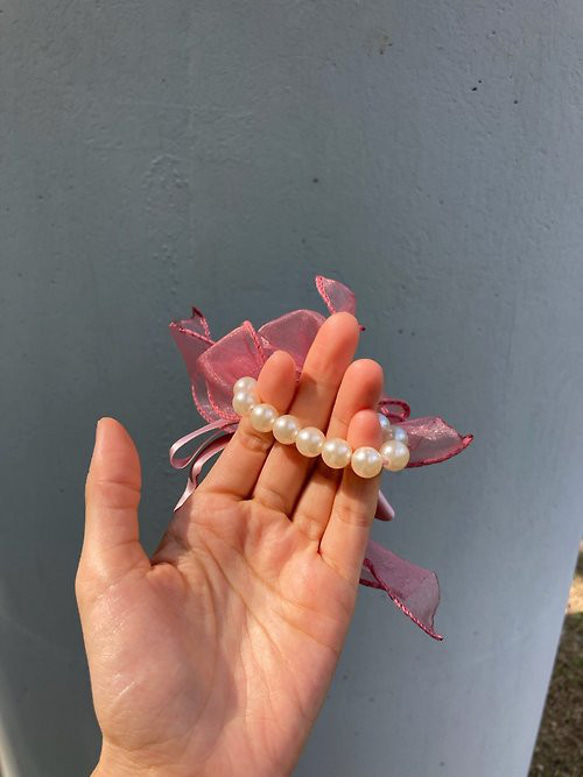 粉紅色 珍珠 花 編織 4way 手機掛繩 頭飾 匙扣 手腕花 手工 第2張的照片
