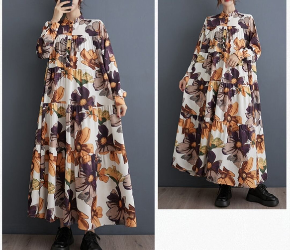ドレス ワンピース 春 秋 新しい ゆったり 西洋スタイル プリントミッドレングス アート レトロ [0008] 3枚目の画像