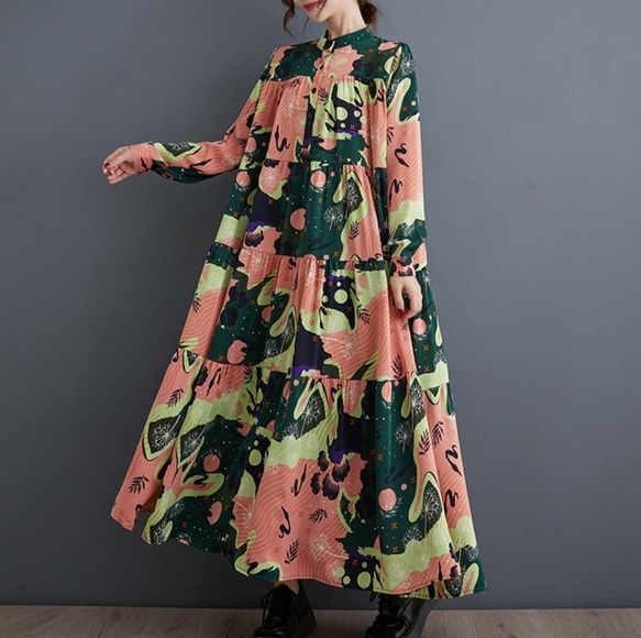 ドレス ワンピース 春 秋 新しい ゆったり 西洋スタイル プリントミッドレングス アート レトロ [0008] 5枚目の画像