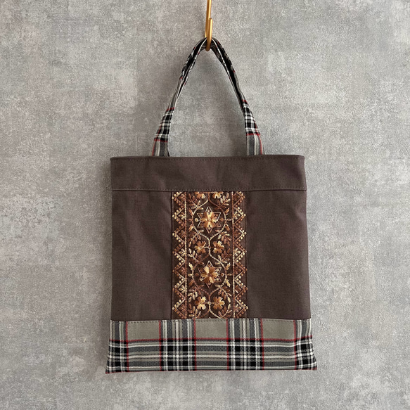 【ワケあり・数量限定】インド刺繍×帆布×タータンチェック ミニトートバッグ 1枚目の画像