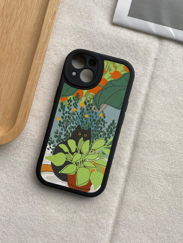 スマートフォン保護ケースは、iPhone 15/14/13/12/11およびその他のすべてのモデルと互換性があります。緑の植物黒 1枚目の画像