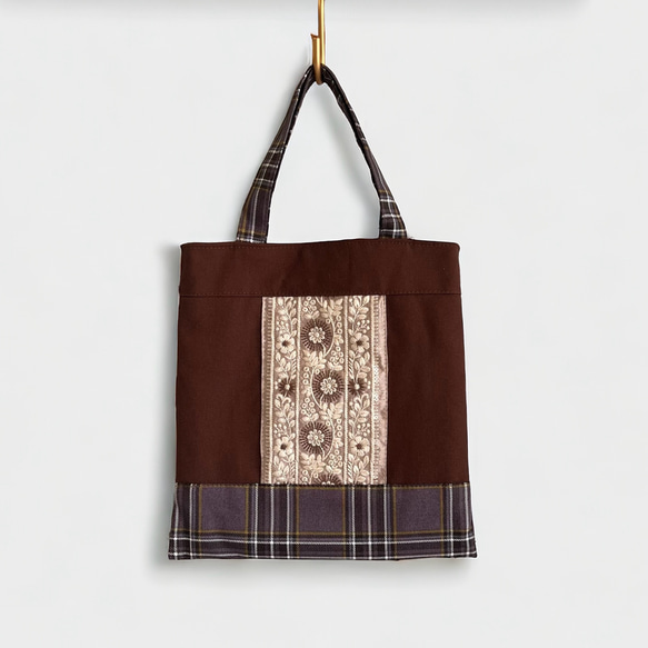 【ワケあり・数量限定】インド刺繍×帆布×タータンチェック ミニトートバッグ 1枚目の画像