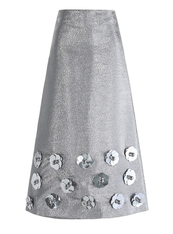 スカート シルバー スパンコール フェミニン 社交性 高級感 ビーズフラワー Aライン ロングスカート [0010] 1枚目の画像