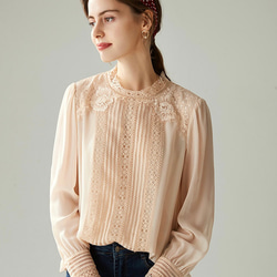 ジョーゼットシルク100%】裏地もシルク上品な色味と花びらレース 長袖