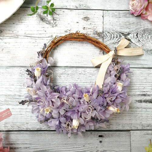 パープル】プリザーブドフラワーのアジサイミニリース 紫色 フラワー  