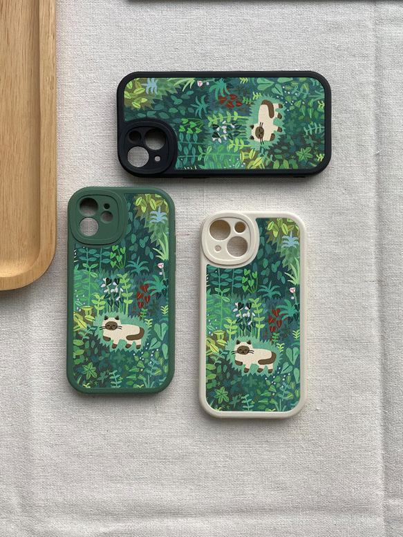 智慧型手機保護殼 兼容所有 iPhone 15/14/13/12/11 等型號 綠植貓咪插畫 全包防震手機套 第5張的照片