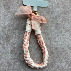 ピンクリボン編み携帯ロープキーホルダー 2Way【純綿】 4枚目の画像