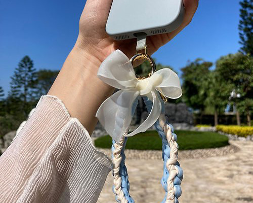 スカイブルー花柄リボン編み込み携帯電話ロープキーホルダー 2Way