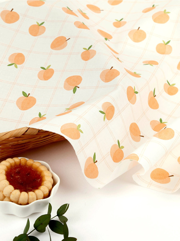韓国製 果物柄 桃柄 チェックピーチ 生地 コットン100％シーチング Check Peach 4枚目の画像