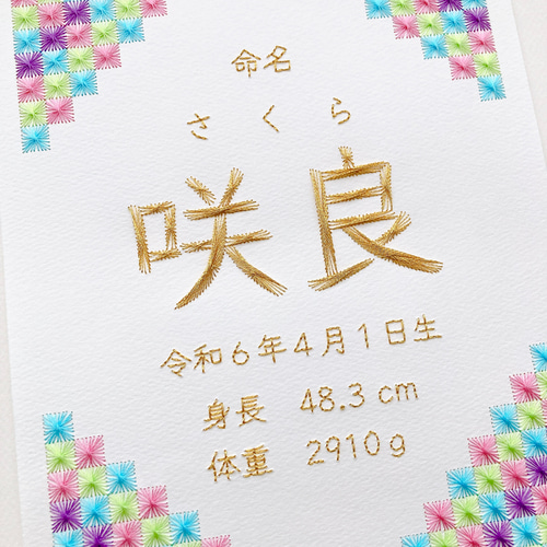 紙刺繍の命名書＊市松模様バージョン（セミオーダー） 雑貨・その他 