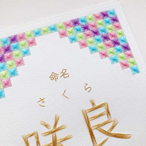 額入り 紙刺繍の命名書｜A4サイズ｜市松模様｜出産祝い・誕生記念 雑貨