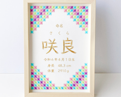 額入り 紙刺繍の命名書｜A4サイズ｜市松模様｜出産祝い・誕生記念 雑貨