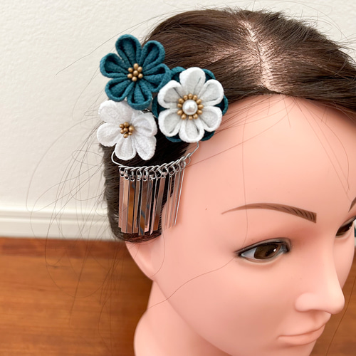 白と青碧の銀ビラ付き髪飾りセット 七五三 成人式 卒業式 かんざし