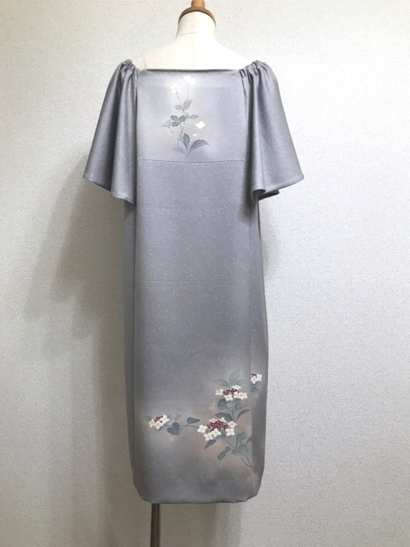 着物リメイク　紫陽花のフレアスリーブワンピースドレス 6枚目の画像
