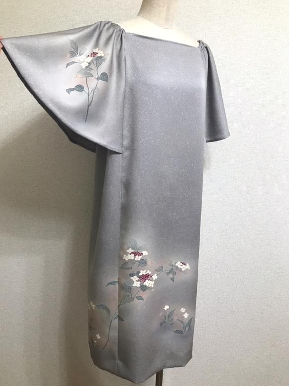 着物リメイク　紫陽花のフレアスリーブワンピースドレス 11枚目の画像