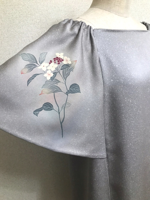 着物リメイク　紫陽花のフレアスリーブワンピースドレス 3枚目の画像
