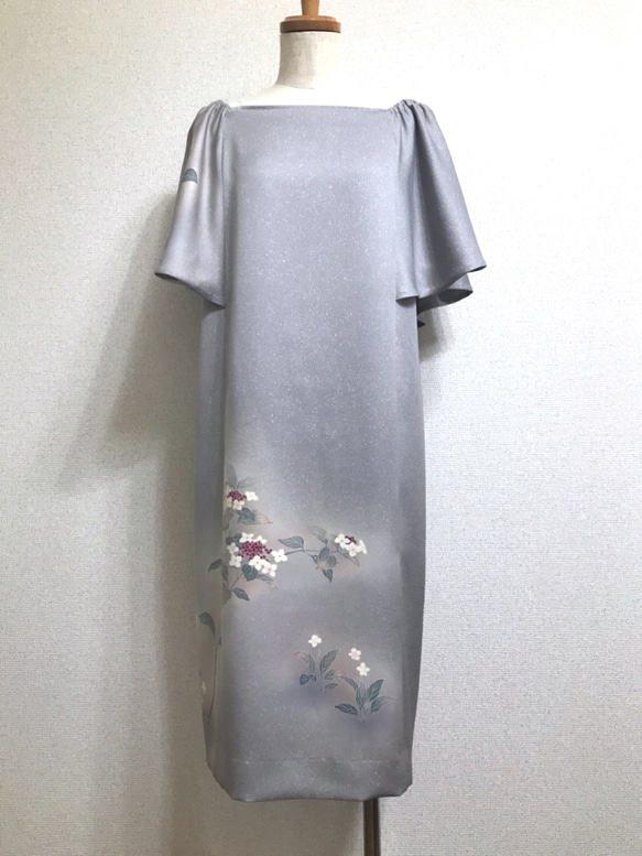着物リメイク　紫陽花のフレアスリーブワンピースドレス 1枚目の画像